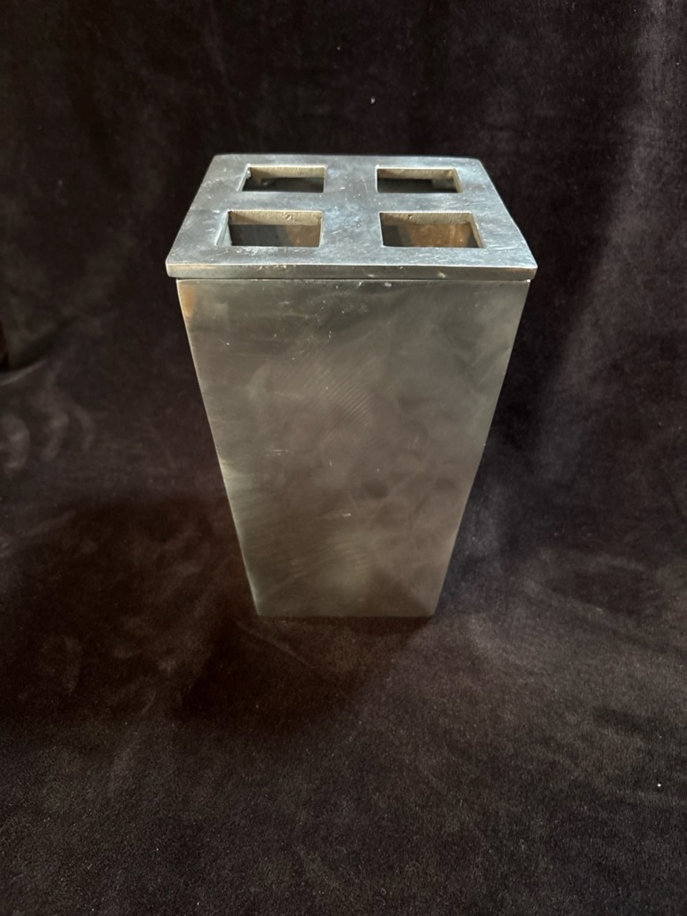 Aluminum Tapered Square Flower Frog Vase Brushed Silver Industrial VGUC Modern